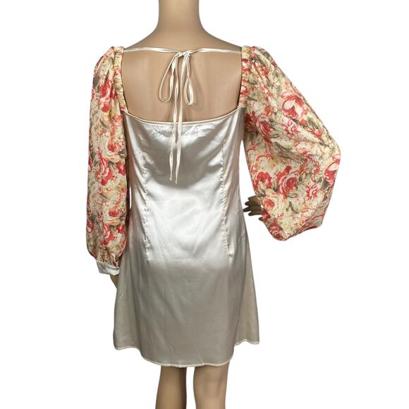 Cider NEW Museum Date Floral Puff Sleeve Satin Bustier Mini Dress SZ M - Picture 8 of 9